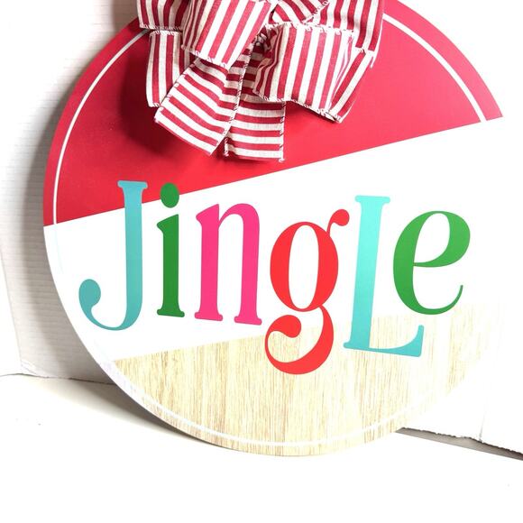 Red And White Jingle Holiday Floral Bow Wooden Door Hanger Christmas Home Decor - Picture 2 of 4